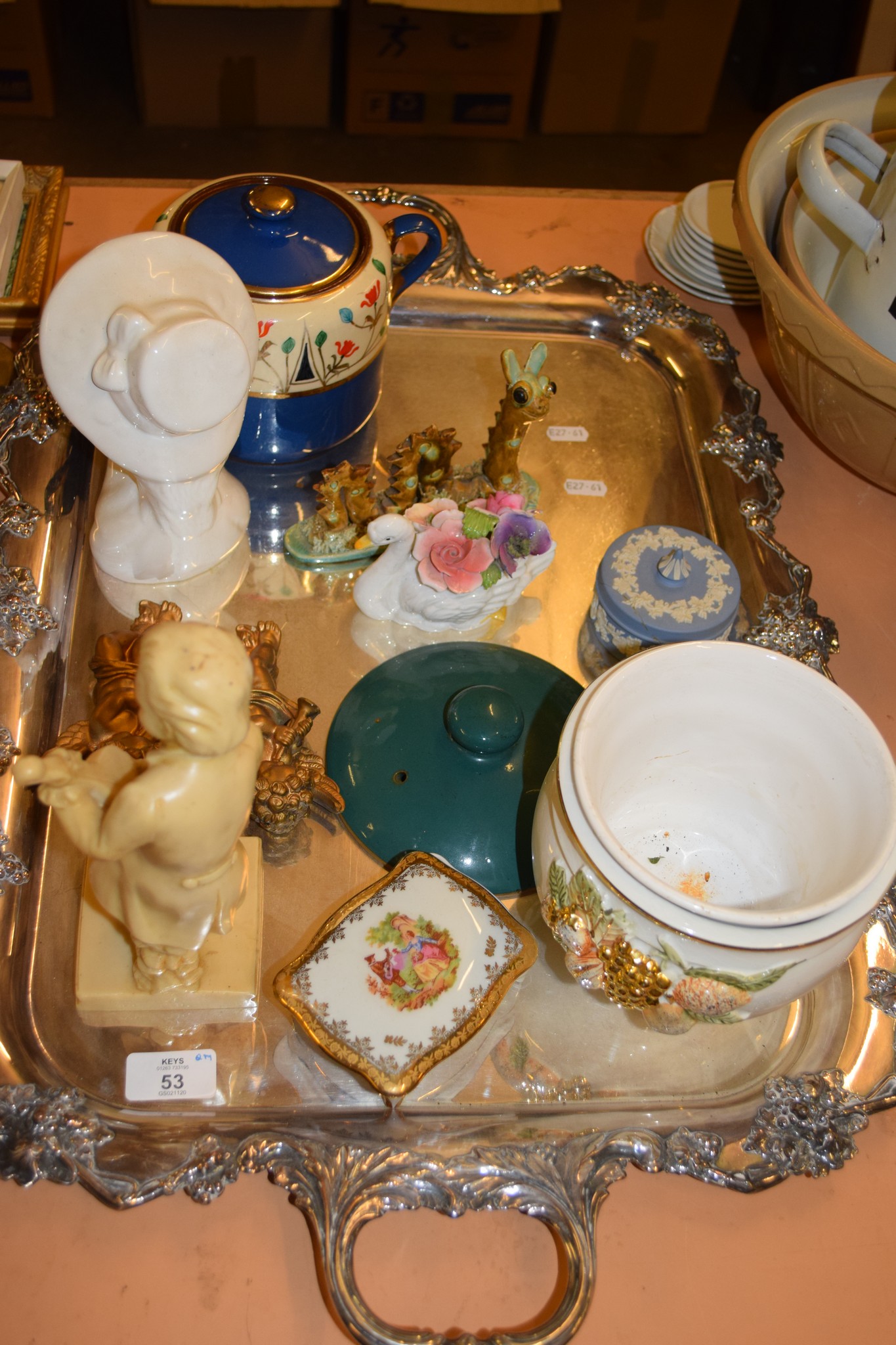 LARGE SILVER PLATED TRAY CONTAINING CERAMIC ITEMS INCLUDING A WEDGWOOD JASPERWARE CIRCULAR BOX AND