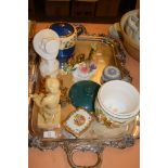 LARGE SILVER PLATED TRAY CONTAINING CERAMIC ITEMS INCLUDING A WEDGWOOD JASPERWARE CIRCULAR BOX AND