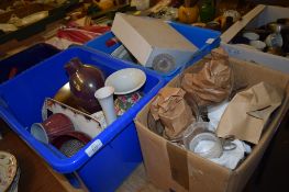 TWO PLASTIC BOXES OF CHINA ITEMS, VASES AND CUT GLASS DECANTER ETC