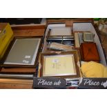 COLLECTION OF SILVER METAL PHOTOGRAPH FRAMES AND WOODEN JEWELLERY BOX