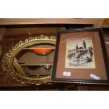 FRAMED PRINT AND A GILT FRAMED MIRROR