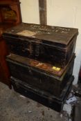 THREE VARIOUS TIN TRAVELLING TRUNKS, LARGEST LENGTH APPROX 80CM