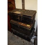 THREE VARIOUS TIN TRAVELLING TRUNKS, LARGEST LENGTH APPROX 80CM