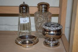 GLASS SUGAR SIFTER WITH PLATED TOP AND OTHER PLATED ITEMS