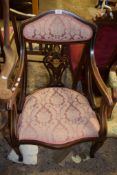 UPHOLSTERED EDWARDIAN ARMCHAIR WITH INLAID AND STRUNG DECORATION THROUGHOUT, HEIGHT APPROX 88CM