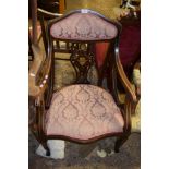 UPHOLSTERED EDWARDIAN ARMCHAIR WITH INLAID AND STRUNG DECORATION THROUGHOUT, HEIGHT APPROX 88CM