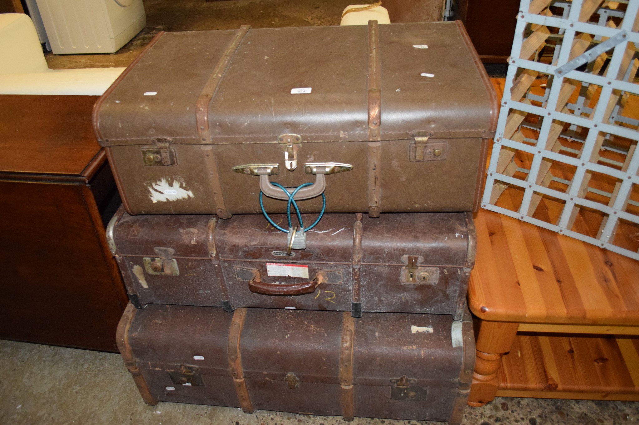 COLLECTION OF THREE VARIOUS WOODEN FRAMED TRAVELLING TRUNKS, LARGEST APPROX 82CM LONG
