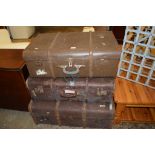 COLLECTION OF THREE VARIOUS WOODEN FRAMED TRAVELLING TRUNKS, LARGEST APPROX 82CM LONG