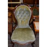 CARVED MAHOGANY VICTORIAN BUTTON BACK CHAIR, HEIGHT APPROX 84CM