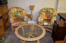 SET OF TWO UPHOLSTERED CONSERVATORY CHAIRS TOGETHER WITH A PLANT HOLDER AND A LARGE GLASS TOPPED