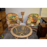 SET OF TWO UPHOLSTERED CONSERVATORY CHAIRS TOGETHER WITH A PLANT HOLDER AND A LARGE GLASS TOPPED