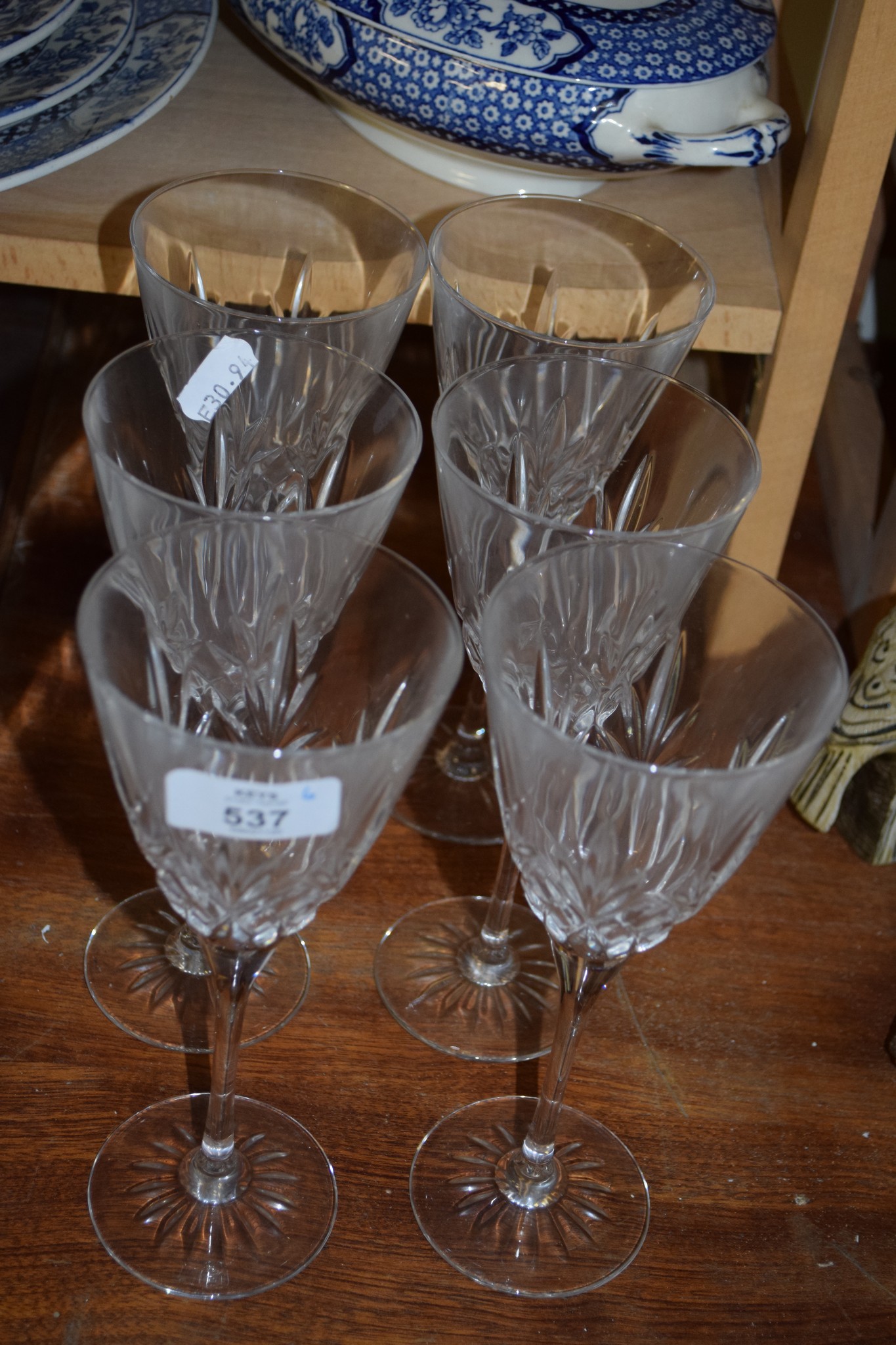 SET OF SIX CUT GLASS WINE GLASSES