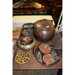 LARGE COPPER COOKING POT WITH COVER AND OTHER COPPER PANS