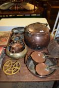 LARGE COPPER COOKING POT WITH COVER AND OTHER COPPER PANS