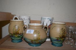 THREE ART DECO POTTERY GALLEON MUGS