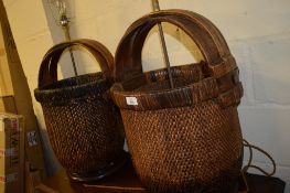 PAIR OF LAMP STANDS FORMED AS ORIENTAL WELL BUCKETS, EACH APPROX 78CM