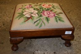 SMALL FOOT STOOL WITH NEEDLEWORK UPHOLSTERY, APPROX WIDTH 38CM