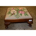 SMALL FOOT STOOL WITH NEEDLEWORK UPHOLSTERY, APPROX WIDTH 38CM