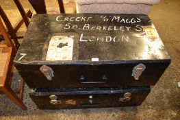 TWO LARGE VARIOUS SIMILAR METAL TRAVELLING TRUNKS, WIDTH APPROX 92CM