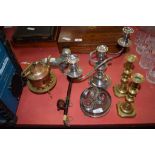 WINE COASTER AND PLATED NAPKIN RINGS, CANDELABRA AND BRASS CANDLESTICKS