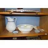 WASH BOWL AND JUG SET TOGETHER WITH TWO TRANSFER PRINTED LADLES ETC