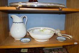 WASH BOWL AND JUG SET TOGETHER WITH TWO TRANSFER PRINTED LADLES ETC