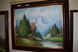 OIL ON BOARD SIGNED CHAPMAN, MOUNTAIN SCENE, FRAME WIDTH APPROX 62CM