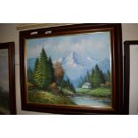 OIL ON BOARD SIGNED CHAPMAN, MOUNTAIN SCENE, FRAME WIDTH APPROX 62CM