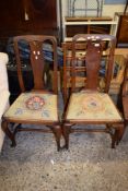 PAIR OF OAK DINING CHAIRS WITH NEEDLEPOINT UPHOLSTERY, HEIGHT APPROX 103CM