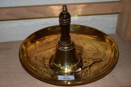 BRASS DISH DECORATED IN RELIEF WITH AN OWL AND A BRASS BELL