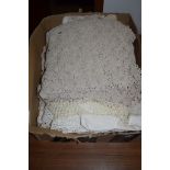 BOX CONTAINING GROUP OF LINENS AND SOME LACE