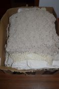BOX CONTAINING GROUP OF LINENS AND SOME LACE