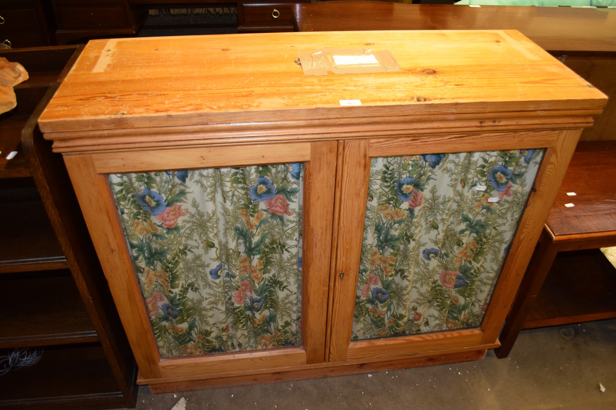 GLASS FRONTED PINE CABINET, WIDTH APPROX 108CM