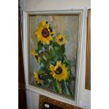 OIL ON BOARD OF SUNFLOWERS, FRAME WIDTH APPROX 55CM