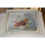 OIL ON BOARD SIGNED THOMPSON OF FLOWERS IN VASE, FRAME WIDTH APPROX 65CM