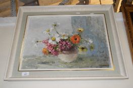 OIL ON BOARD SIGNED THOMPSON OF FLOWERS IN VASE, FRAME WIDTH APPROX 65CM