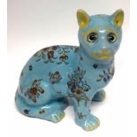 Interesting 19th century French Faience cat with glass eyes in Galle style, factory mark to interior