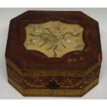 Leather bound jewellery box with needlework of flowers and rake to the centre