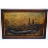 Painting of Yarmouth with a fishing boat in relief in wooden frame