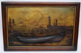 Painting of Yarmouth with a fishing boat in relief in wooden frame