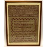 Sampler, signed by Rachel Farrow, 1879, aged 11 years, in wooden frame