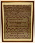 Sampler, signed by Rachel Farrow, 1879, aged 11 years, in wooden frame