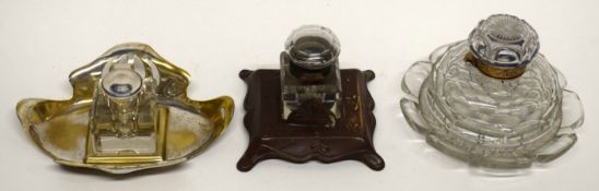 Art Nouveau style metal inkwell with glass square reservoir and silver metal mount, together with