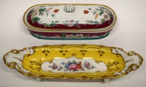 19th century English porcelain pen tray, the yellow ground with a panel of floral sprays supported