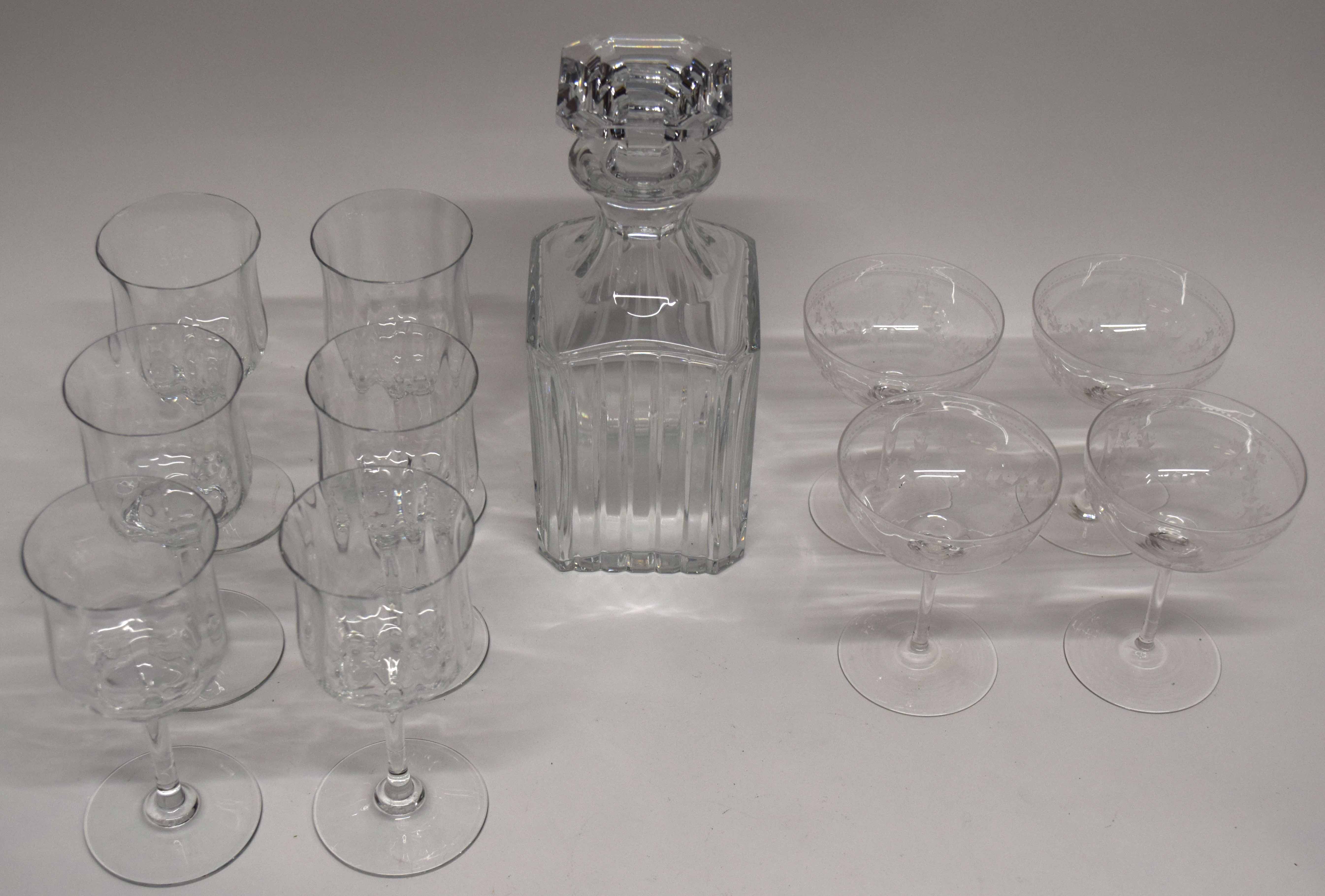 Baccarat cut glass decanter and stopper together with six wine glasses and four dessert glasses with
