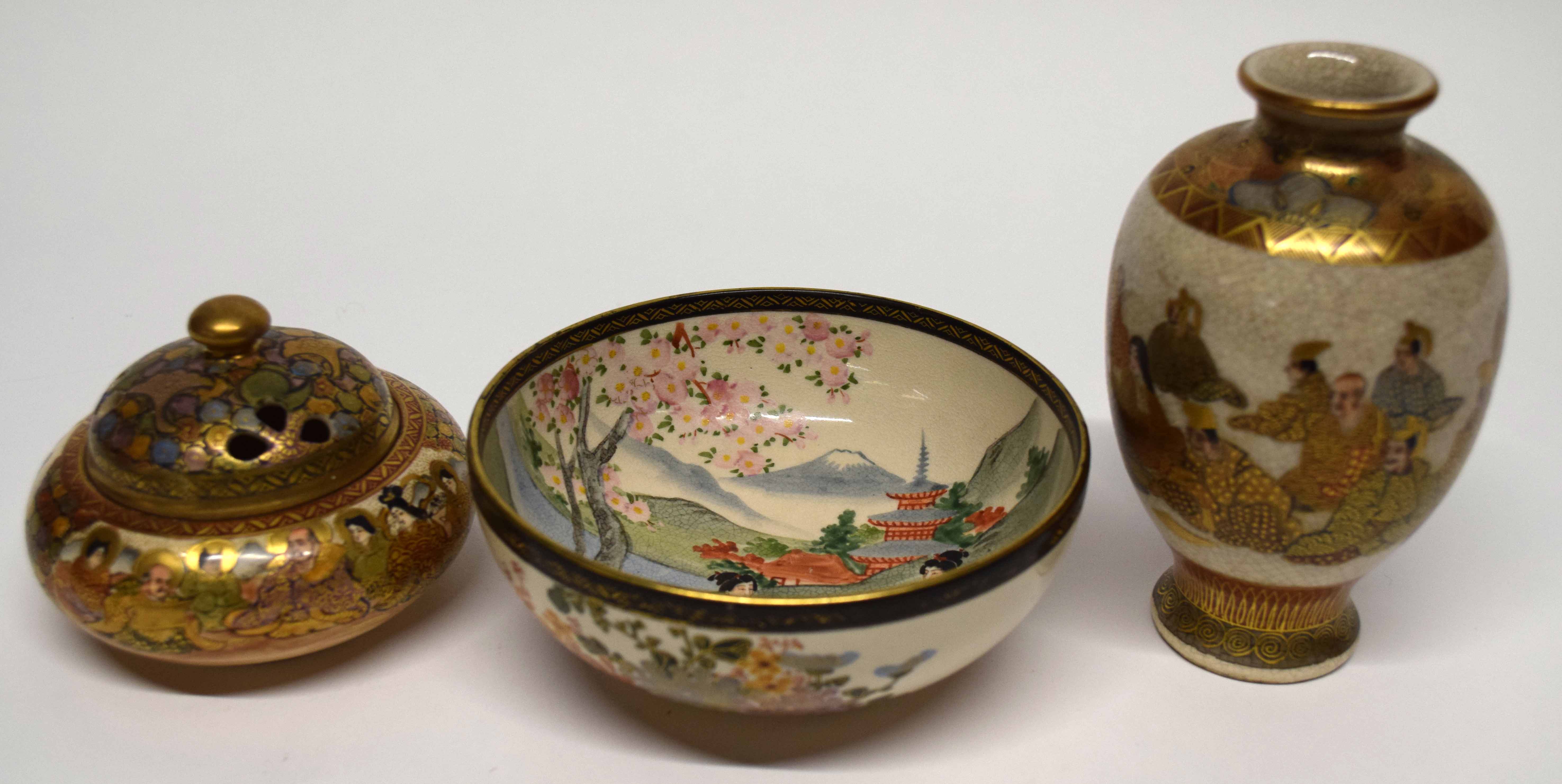 Group of Satsuma wares including a Koro and cover, a Satsuma vase signed in gold to base and a