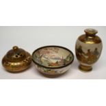 Group of Satsuma wares including a Koro and cover, a Satsuma vase signed in gold to base and a