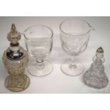 Two glass goblets and a small cut glass decanter with silver mounts and further small cut glass