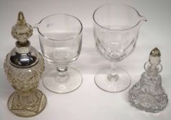 Two glass goblets and a small cut glass decanter with silver mounts and further small cut glass