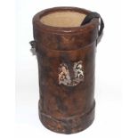 20th century brown leather and canvas cordite bucket/muzzle cover with painted Royal cartouche of
